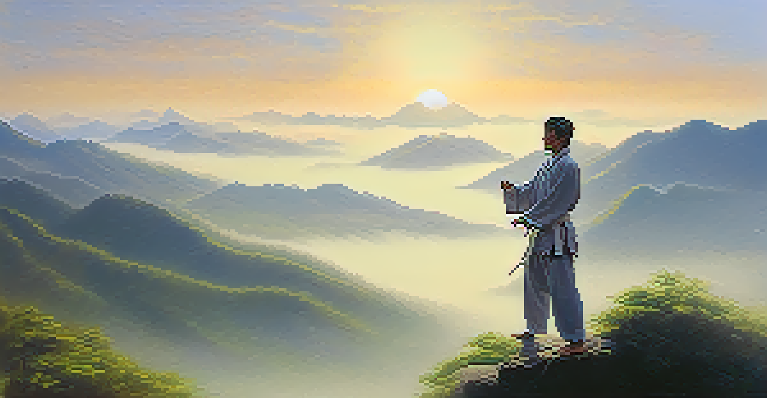 A martial artist practicing tai chi on a misty mountain top at sunrise, creating a tranquil atmosphere.