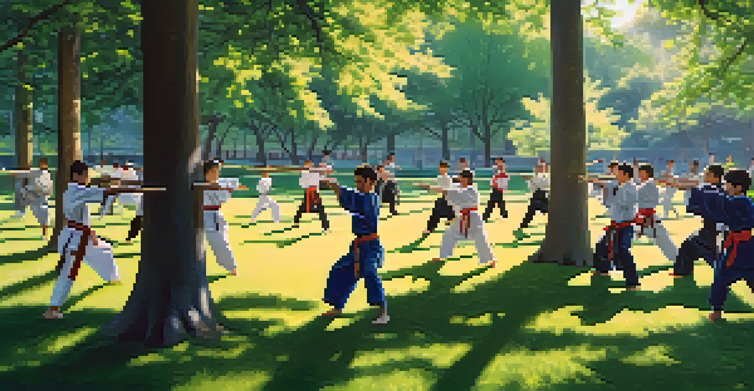 A diverse group of martial arts students practicing techniques in a sunny park.