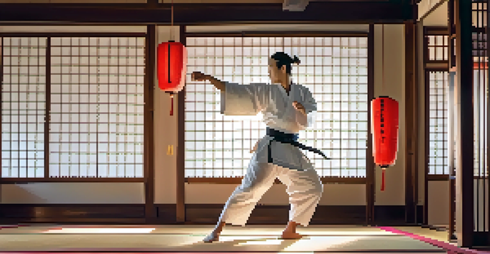 A martial artist in a white gi practicing a high kick in a serene dojo with wooden floors and paper lanterns.