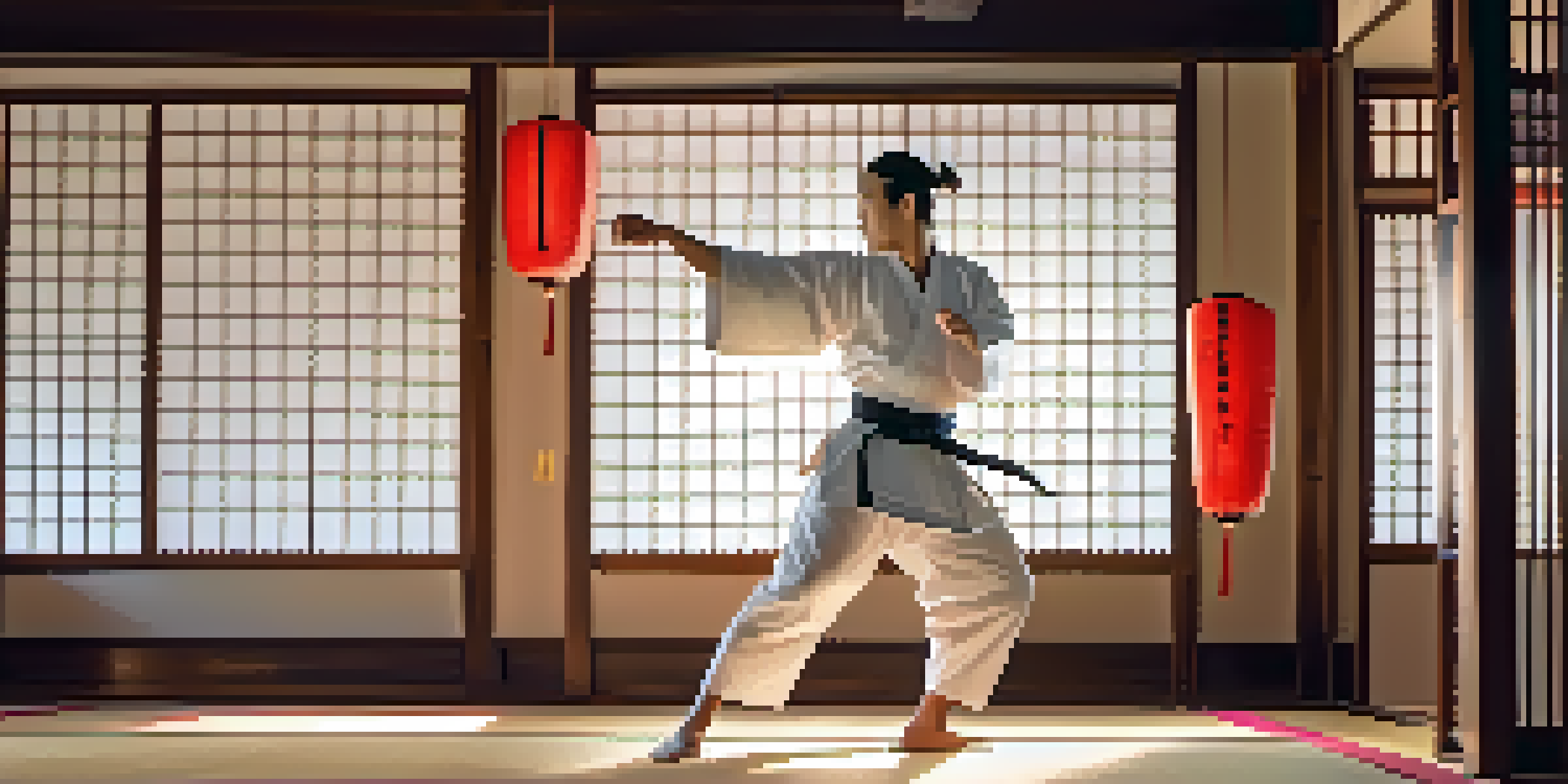 A martial artist in a white gi practicing a high kick in a serene dojo with wooden floors and paper lanterns.