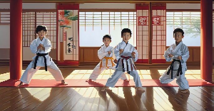 A family practicing martial arts in a dojo, with parents showing stances and children mimicking them.