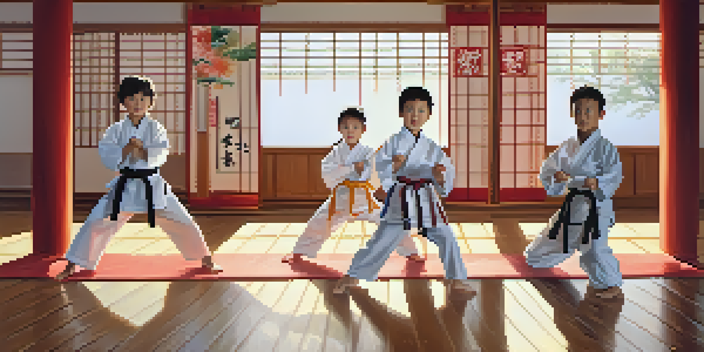 A family practicing martial arts in a dojo, with parents showing stances and children mimicking them.
