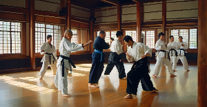 A diverse group of martial artists engaged in partner drills in a dojo, demonstrating techniques and teamwork.