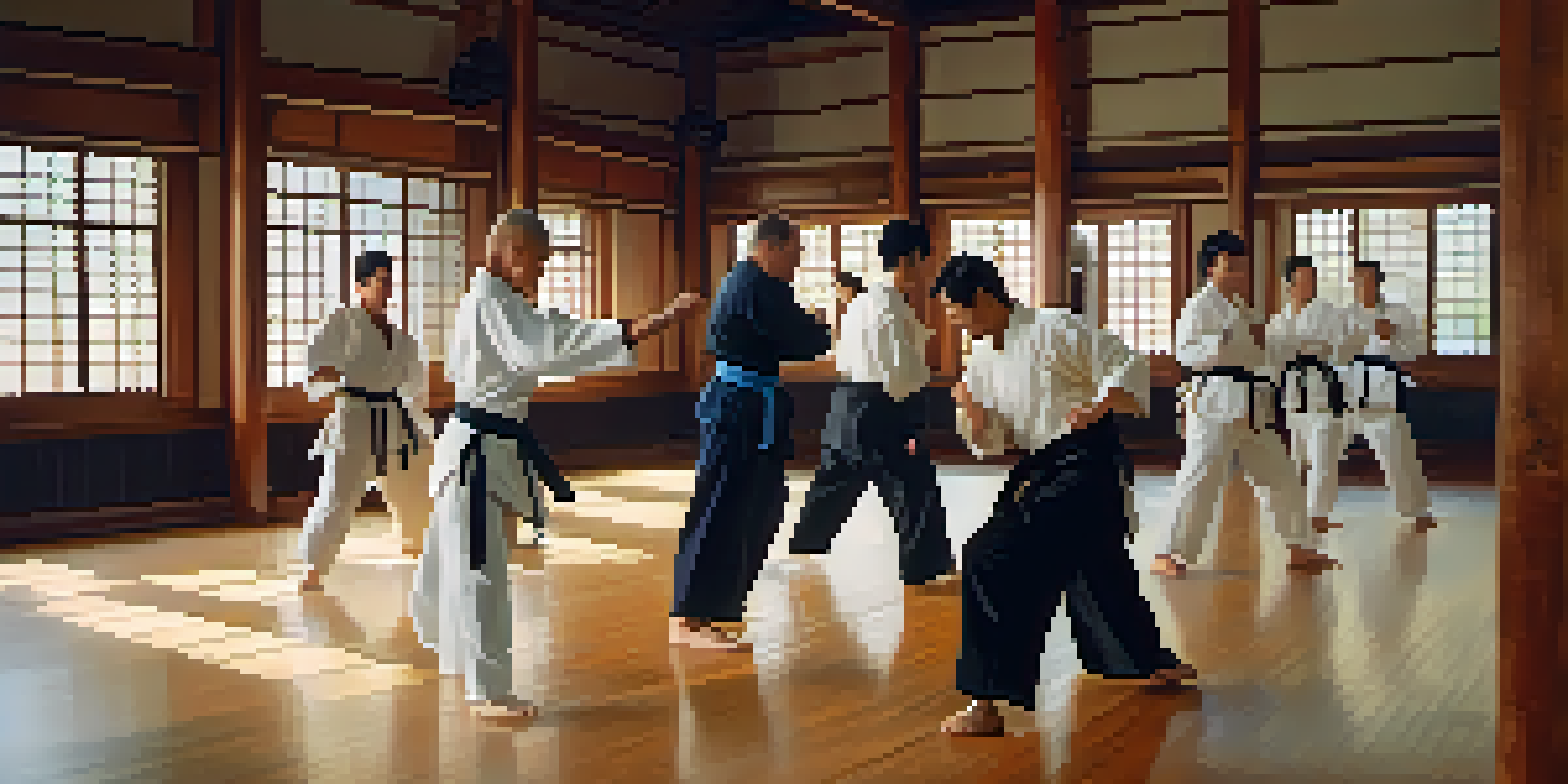 A diverse group of martial artists engaged in partner drills in a dojo, demonstrating techniques and teamwork.