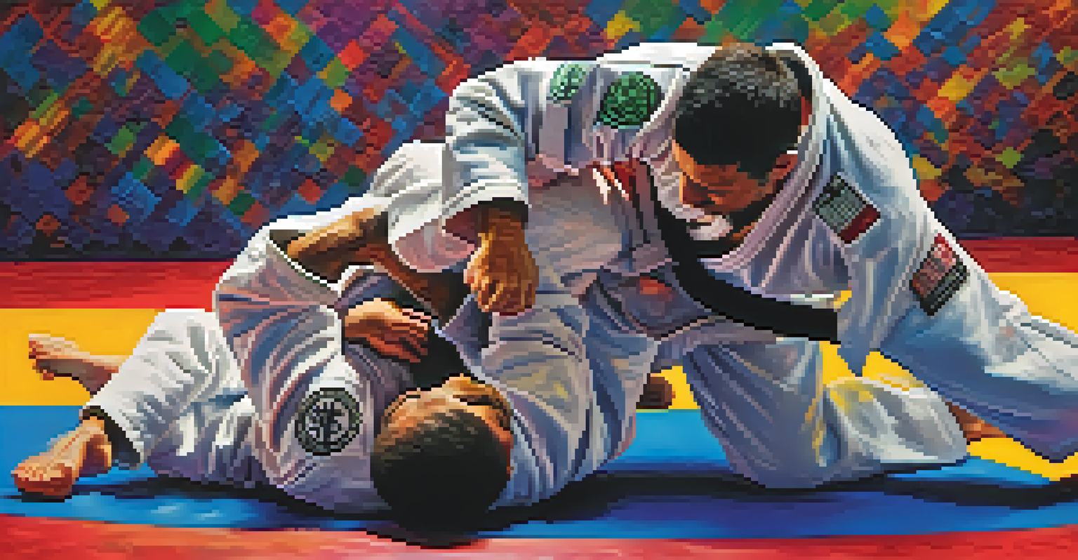 Two Brazilian Jiu-Jitsu practitioners sparring on a colorful mat, one in the mount position and the other attempting to escape.