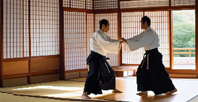 An Aikido dojo with practitioners showcasing a graceful technique, illuminated by soft sunlight through shoji screens.