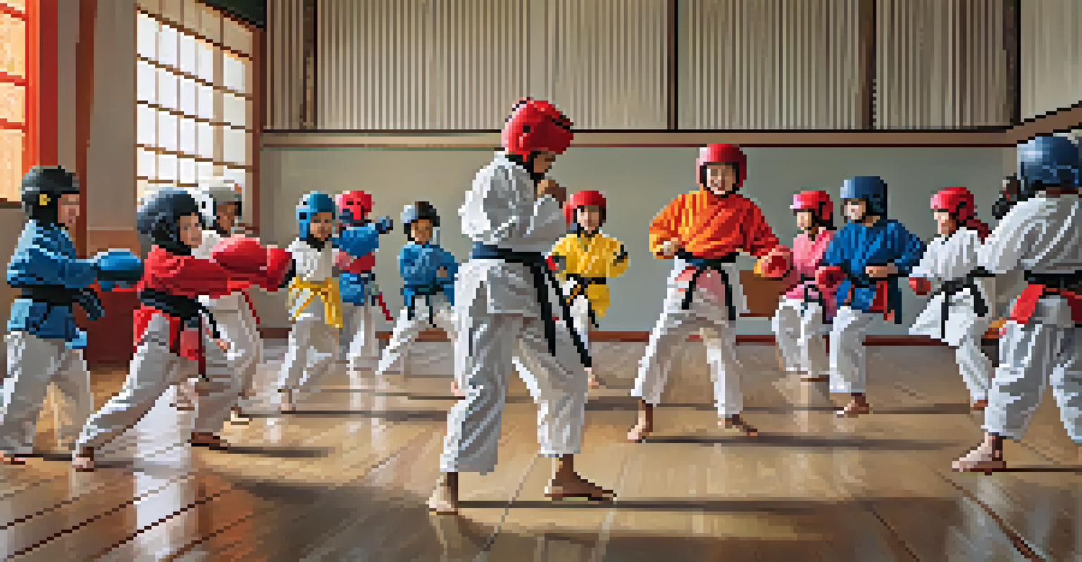 A group of children sparring in a dojo, wearing protective gear and smiling, showcasing teamwork and enthusiasm.