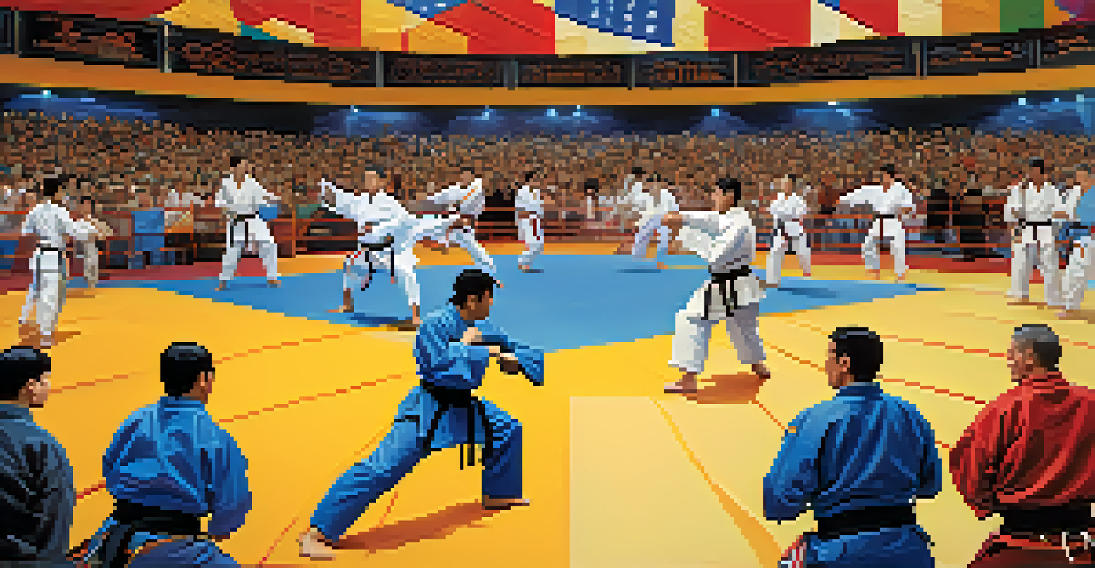 A mixed-format martial arts tournament with athletes performing various techniques in a lively arena filled with cheering spectators.