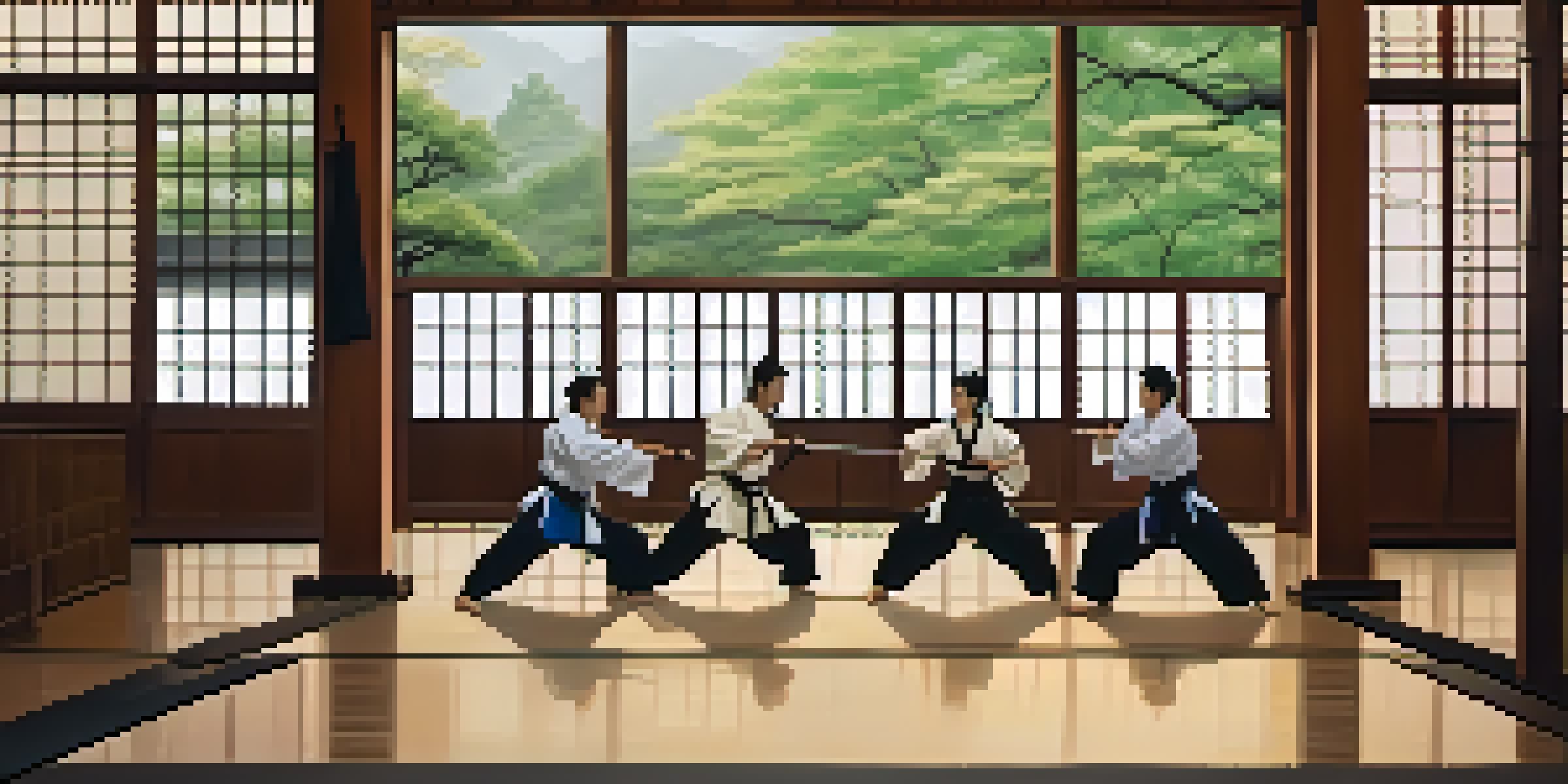 A diverse group of martial artists training in a traditional Japanese dojo, practicing synchronized movements with wooden floors and shoji screens.