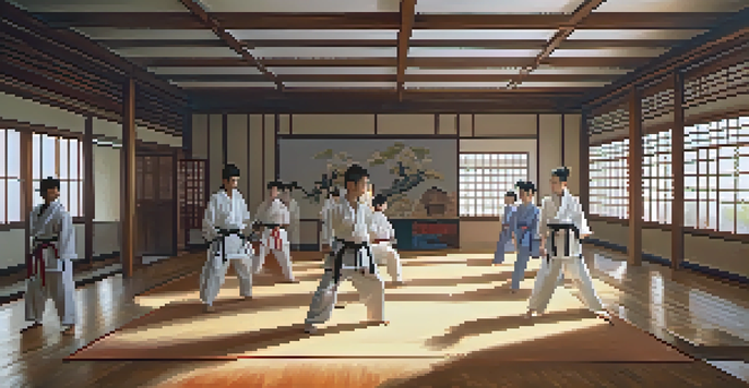 A peaceful martial arts dojo with students practicing, illuminated by natural light.