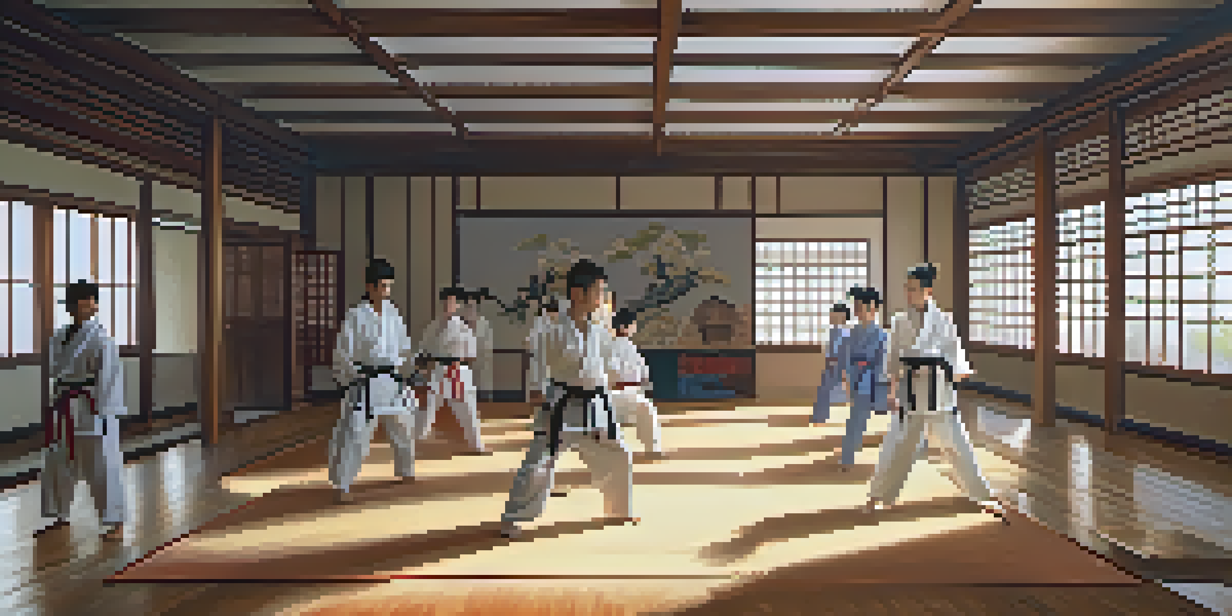 A peaceful martial arts dojo with students practicing, illuminated by natural light.