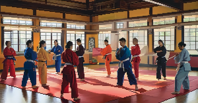 A diverse group of martial arts practitioners training together in a colorful dojo, emphasizing inclusivity and teamwork.