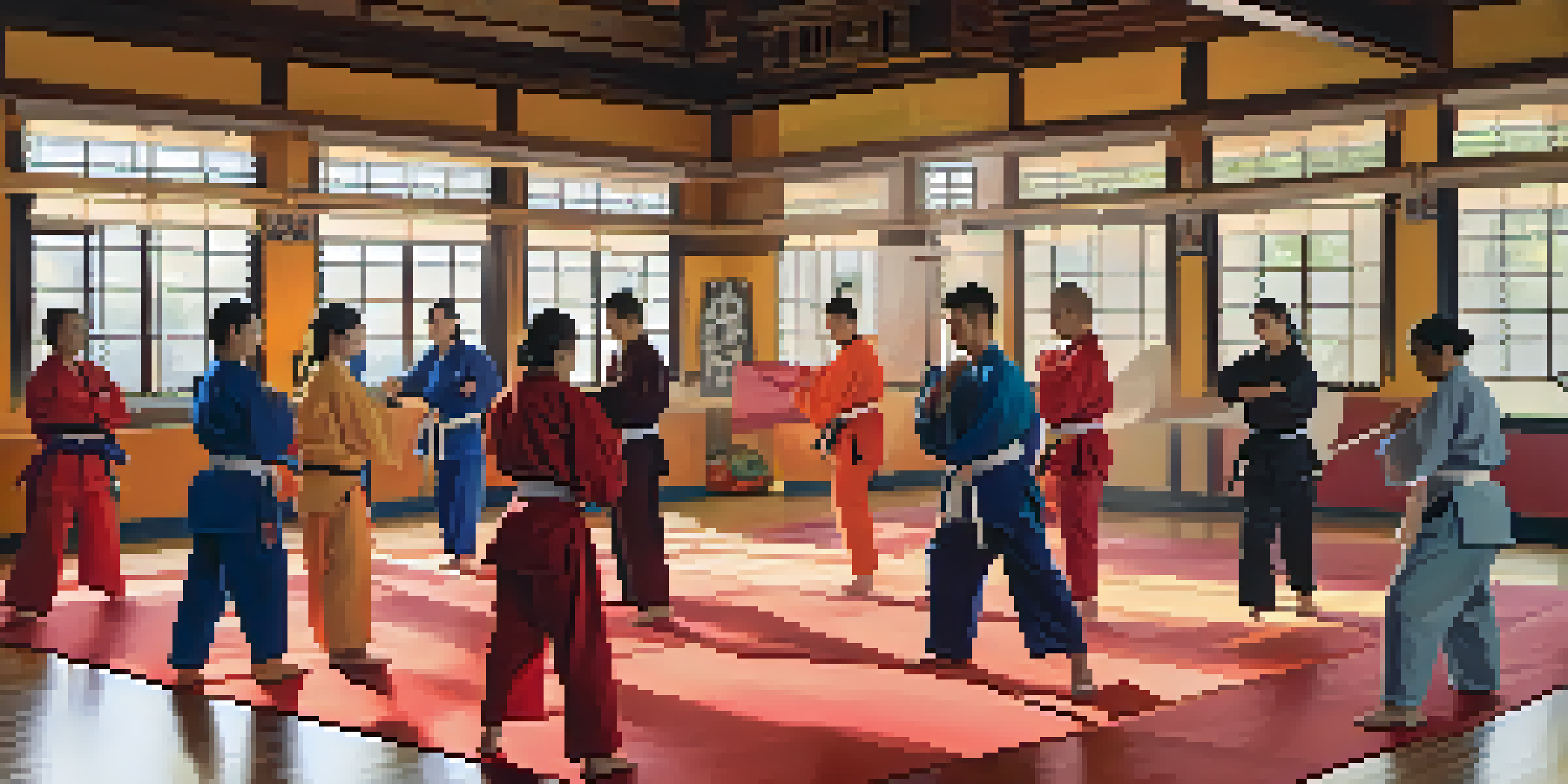 A diverse group of martial arts practitioners training together in a colorful dojo, emphasizing inclusivity and teamwork.