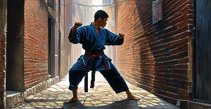 A martial artist in a narrow alley practicing an elbow strike, surrounded by brick walls and urban debris, with soft morning light creating shadows.