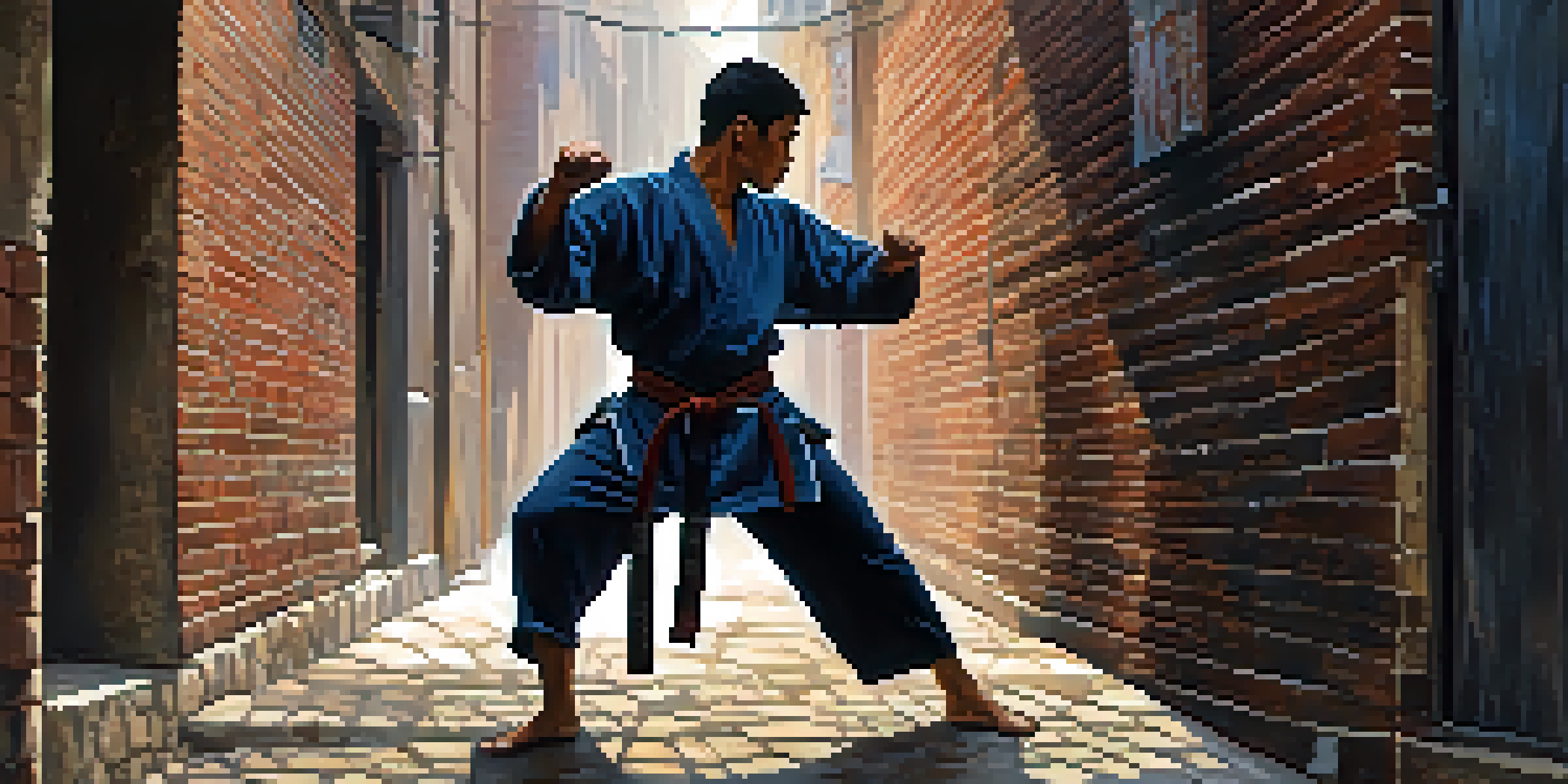 A martial artist in a narrow alley practicing an elbow strike, surrounded by brick walls and urban debris, with soft morning light creating shadows.