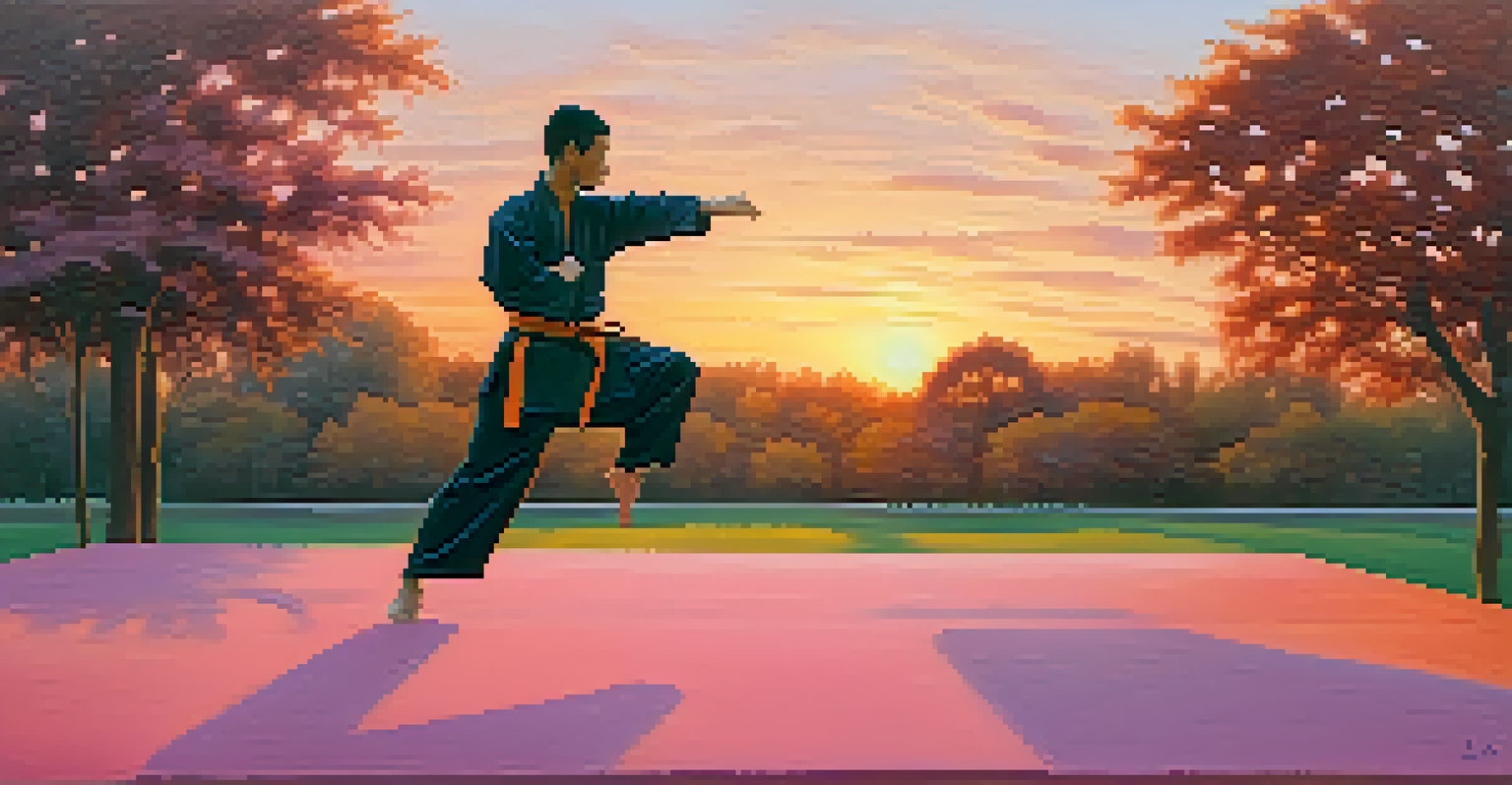 Martial artist practicing forms outdoors at sunset in a park, with orange and pink sky and surrounding trees.