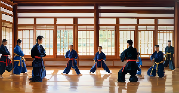 A dojo with martial arts practitioners sparring, showcasing empathy and understanding through their movements.