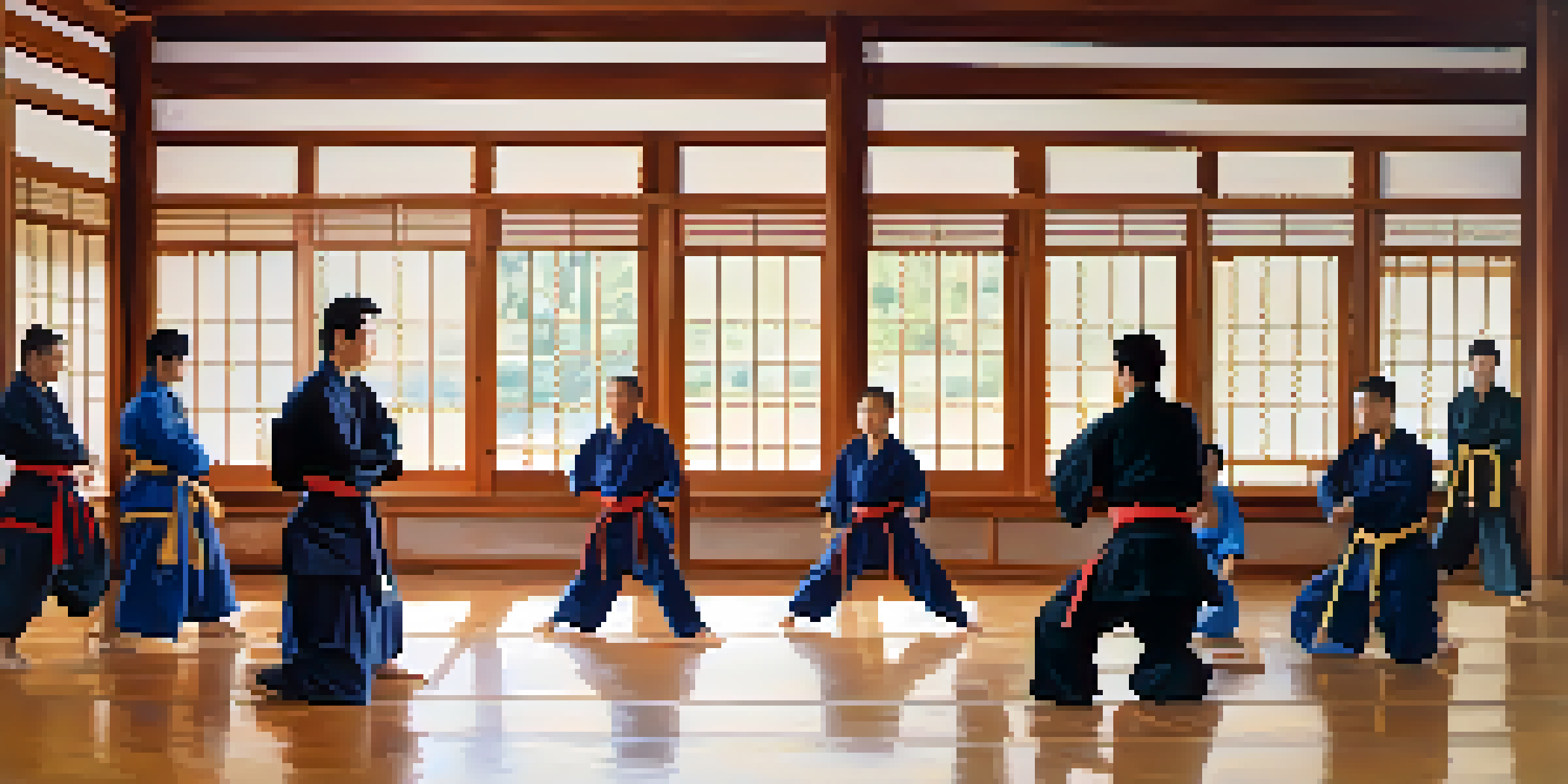 A dojo with martial arts practitioners sparring, showcasing empathy and understanding through their movements.