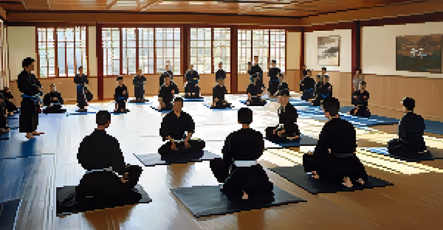 Expert instructor demonstrating techniques to a small group of attentive martial artists in a dojo setting.
