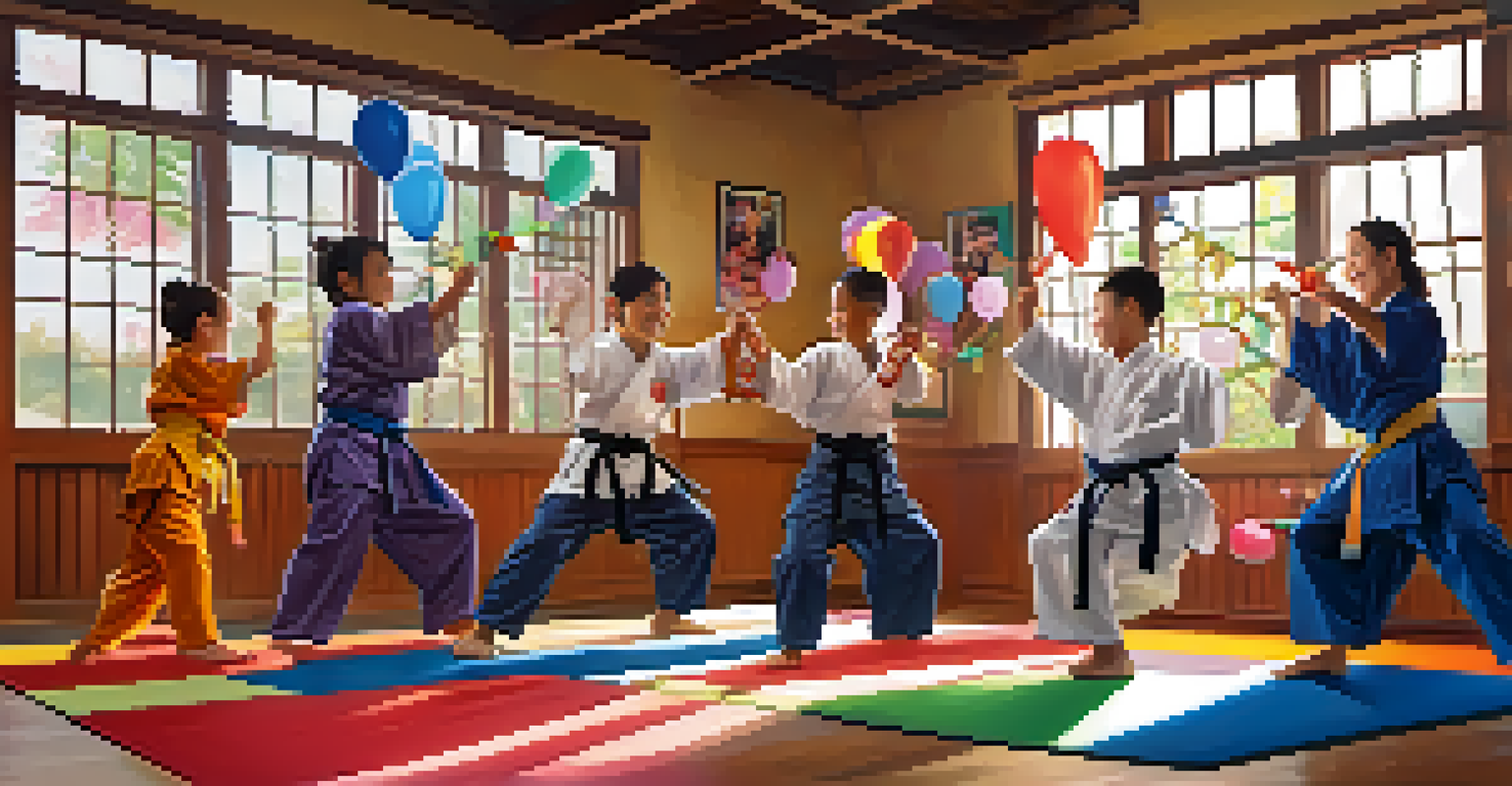 A family celebrating their achievements in martial arts with new belts, filled with joy and excitement.