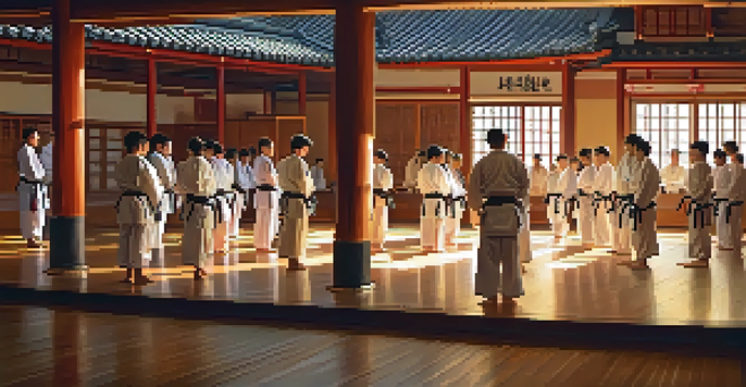 A peaceful martial arts dojo during sunrise, with students bowing to their instructor in a warm and inviting atmosphere.