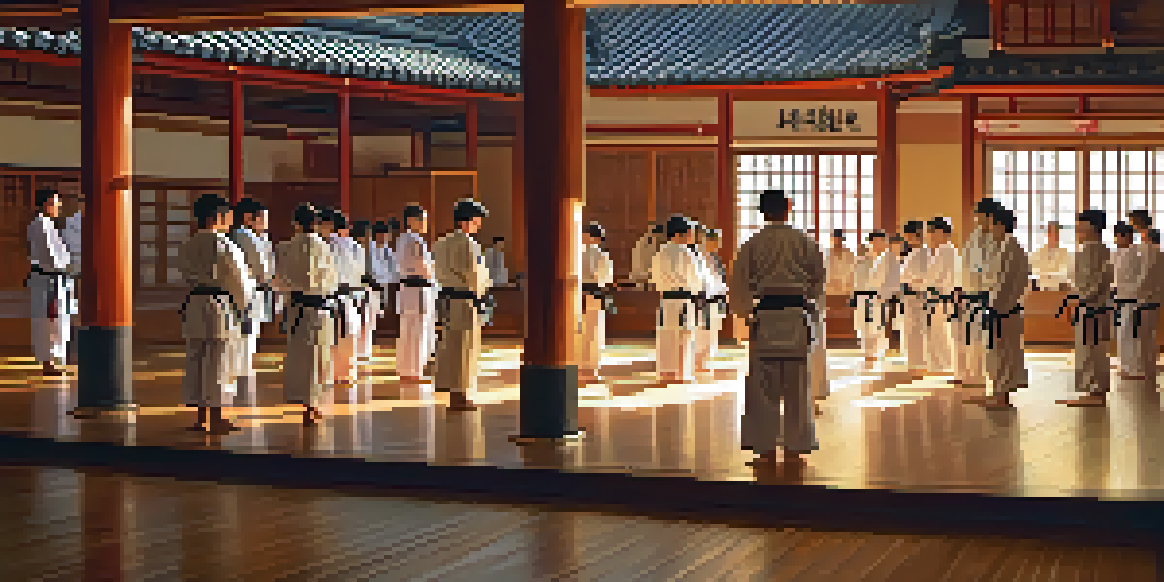 A peaceful martial arts dojo during sunrise, with students bowing to their instructor in a warm and inviting atmosphere.
