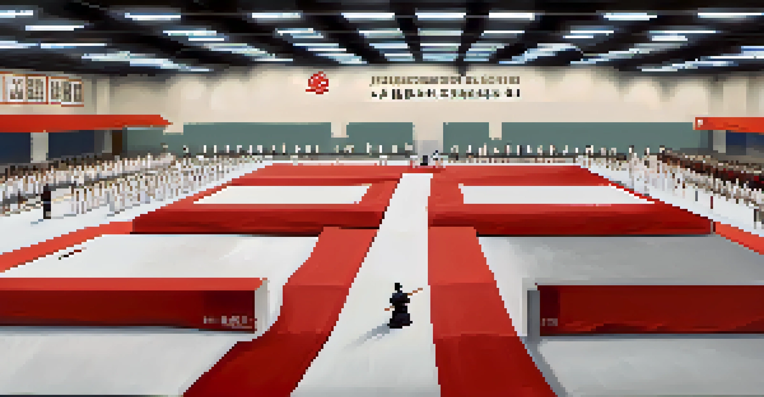 A well-organized martial arts competition venue featuring cushioned mats, safety signage, and officials overseeing the preparations.
