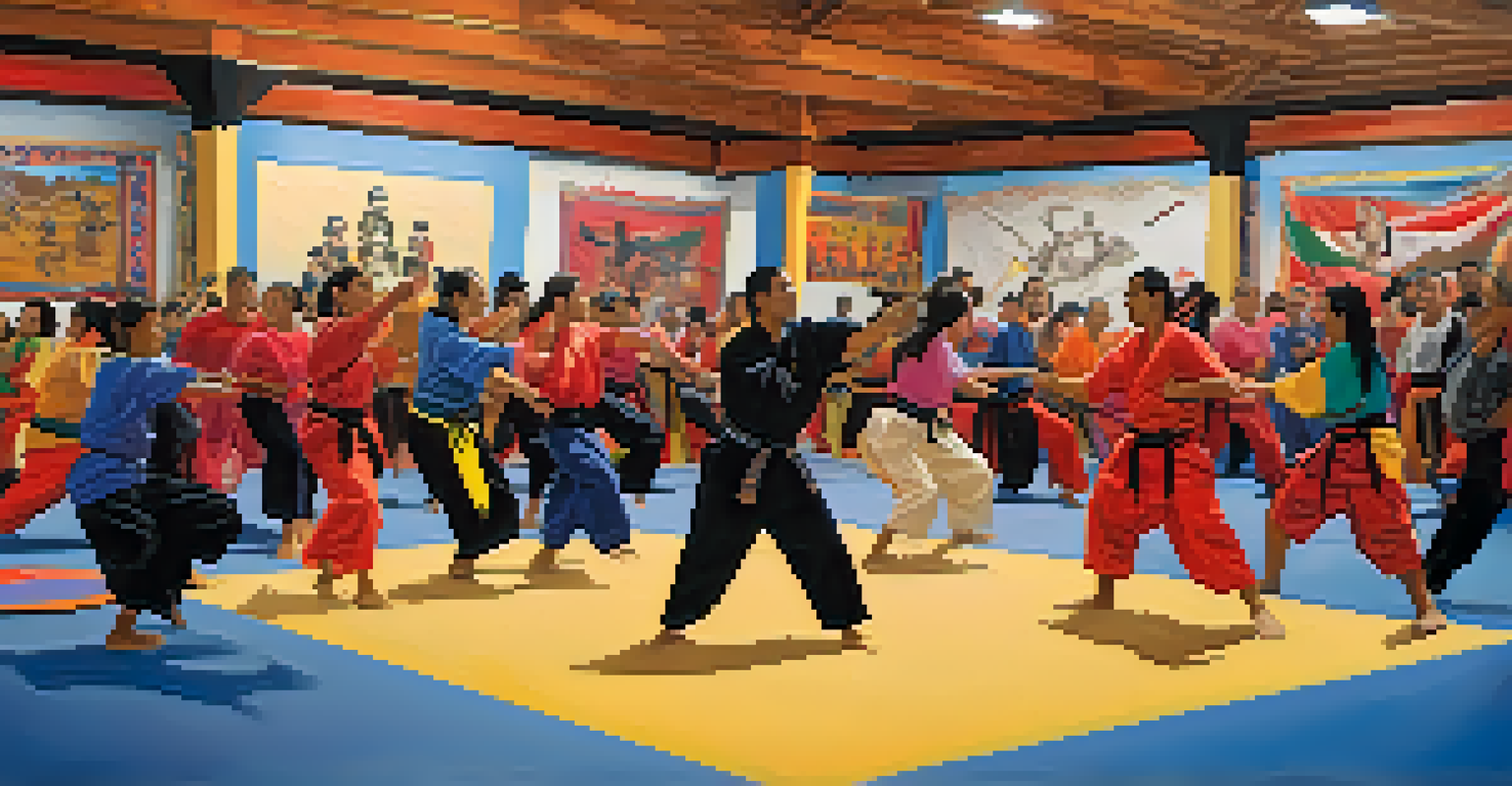 A diverse group of martial artists participating in a community workshop, learning Indigenous techniques with colorful banners in the background.