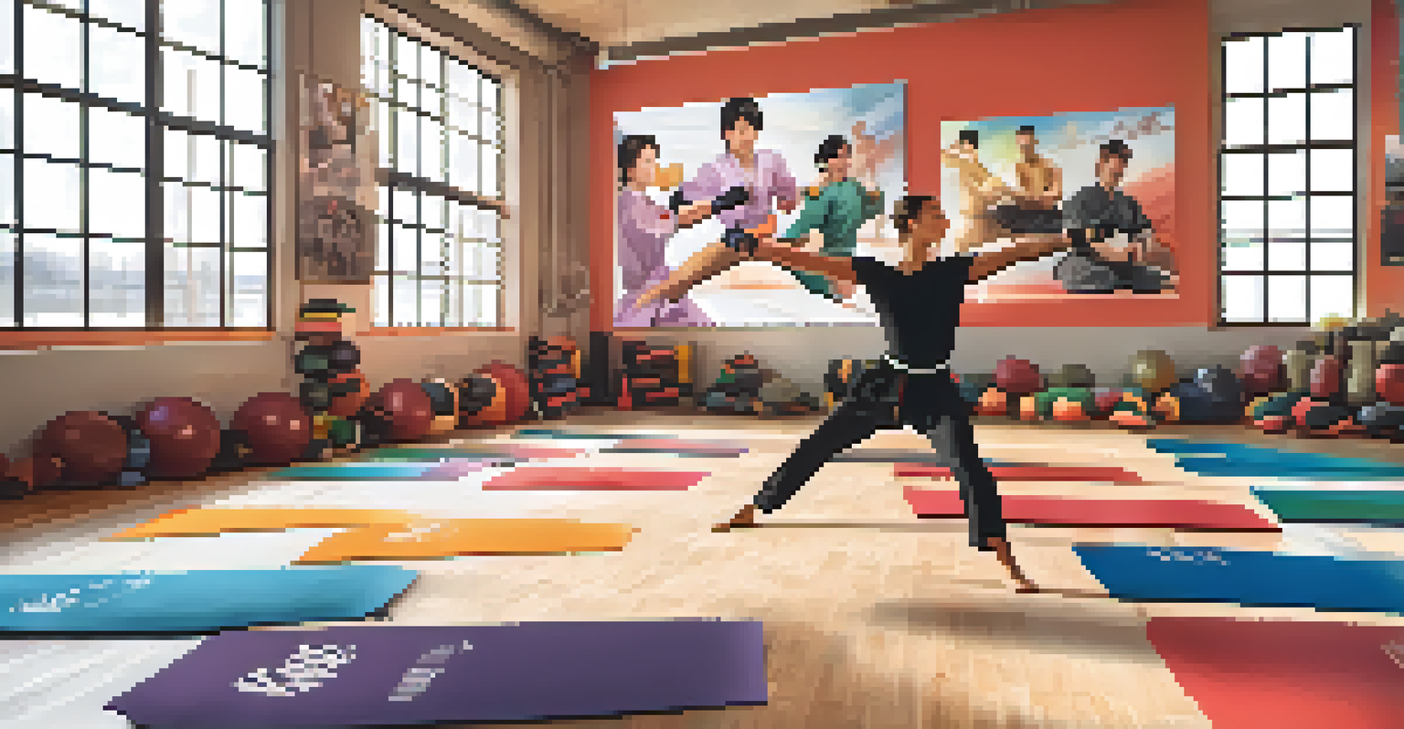 An illustration of a personalized stretching routine on a training mat, showcasing various stretches for martial artists.