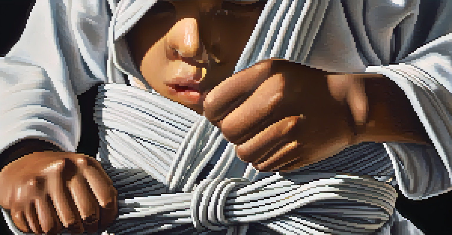 A young martial artist preparing for training by tying their belt, with a focused expression and dojo elements in the background.