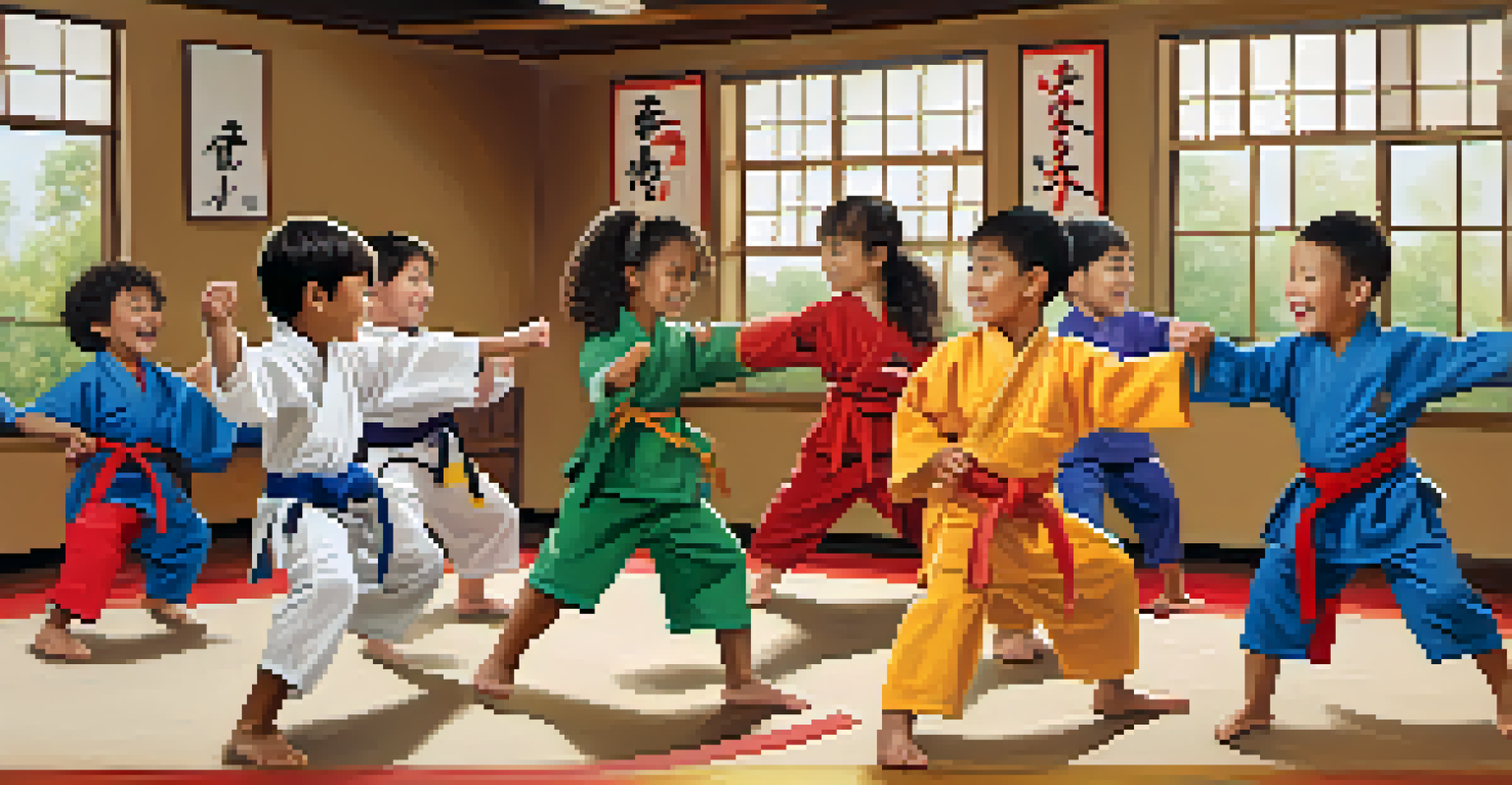 A group of diverse children smiling and practicing martial arts together in a dojo, showcasing teamwork and support.