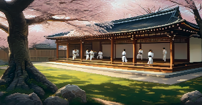 A peaceful dojo with practitioners of various martial arts training under cherry blossom trees, illuminated by warm golden light.
