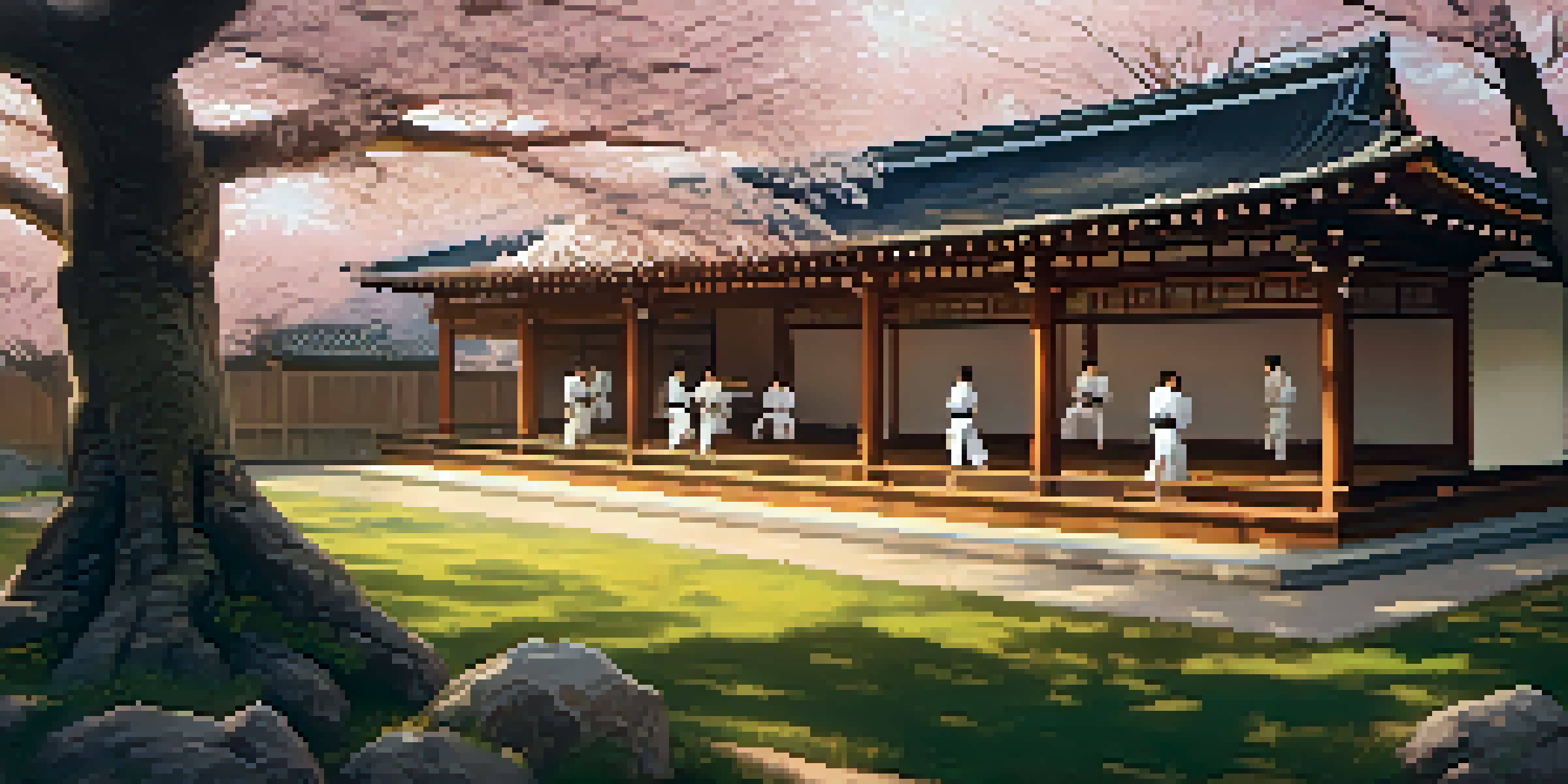 A peaceful dojo with practitioners of various martial arts training under cherry blossom trees, illuminated by warm golden light.