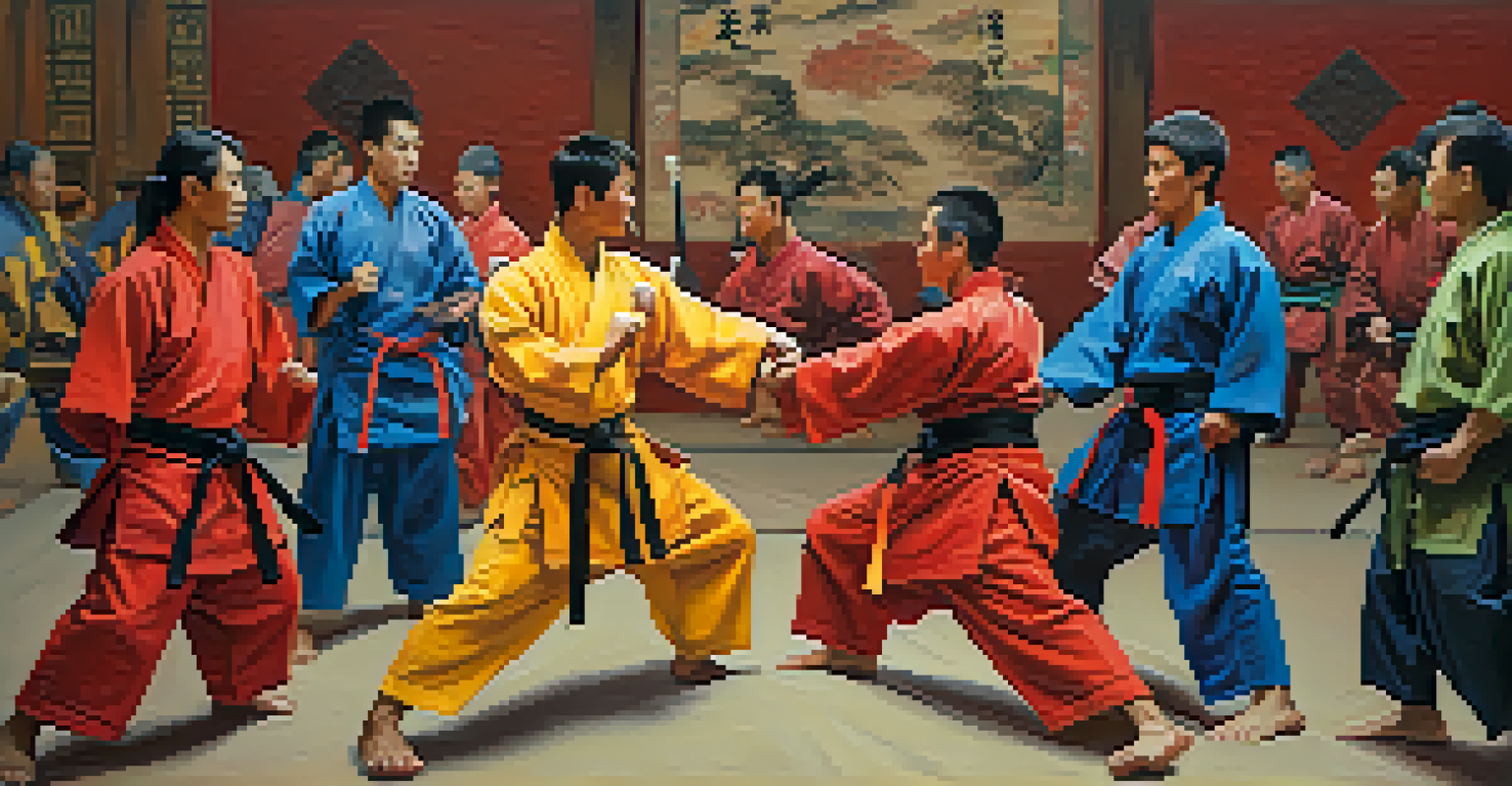 A diverse group of martial artists sharing experiences and supporting each other in a dojo setting.