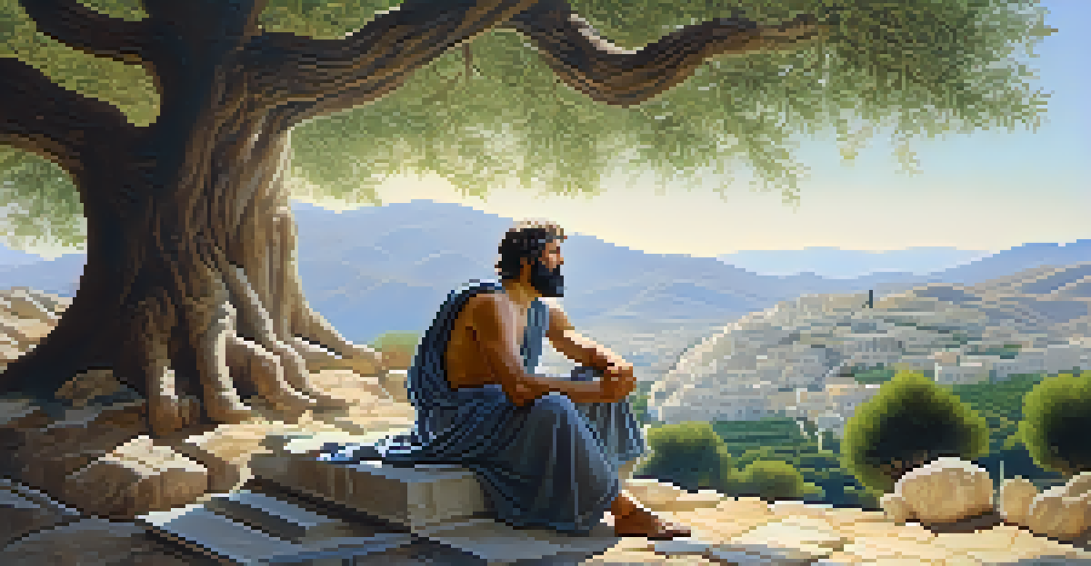 A Greek philosopher sitting under an olive tree, surrounded by scrolls, contemplating martial arts philosophy.