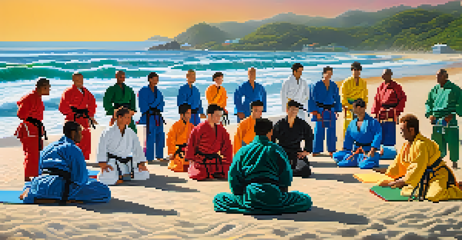 A group of diverse martial artists practicing Brazilian Jiu-Jitsu on a beach, with ocean waves in the background.