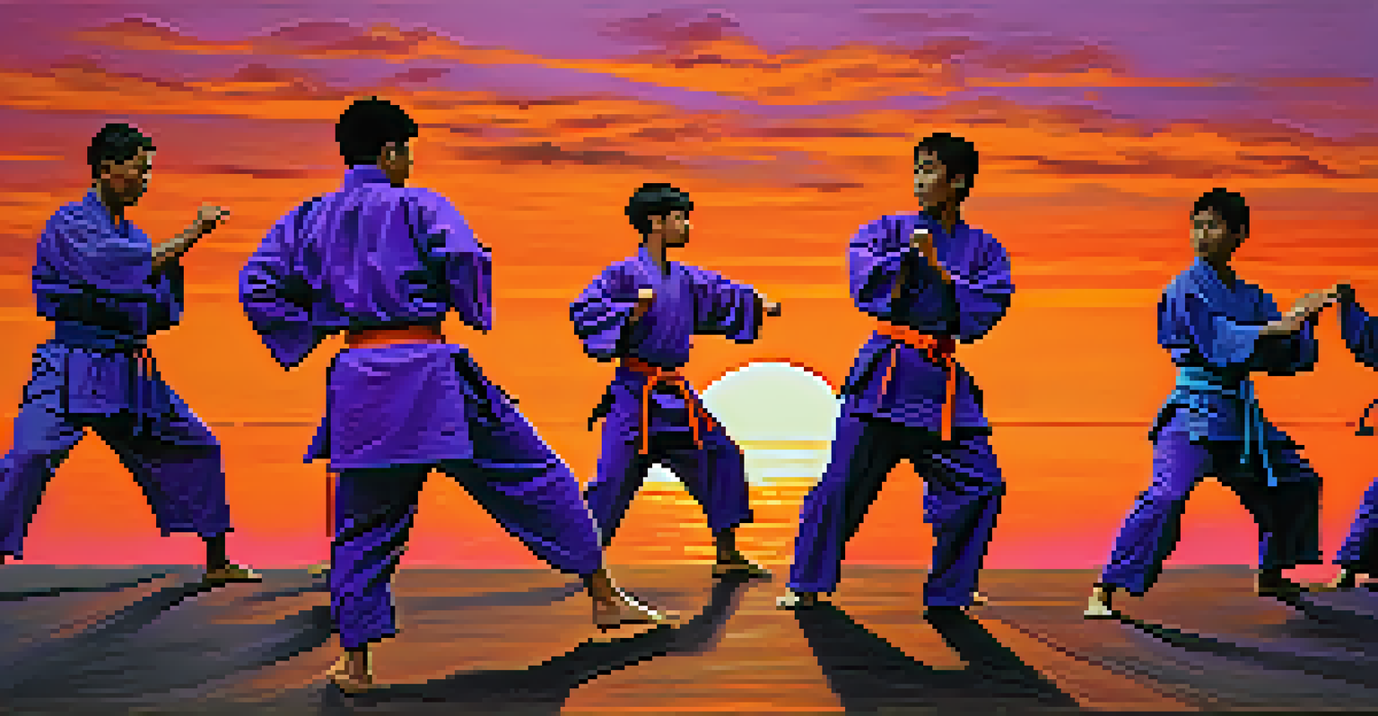 Students practicing martial arts kata against a colorful sunset backdrop, illustrating teamwork and dedication.