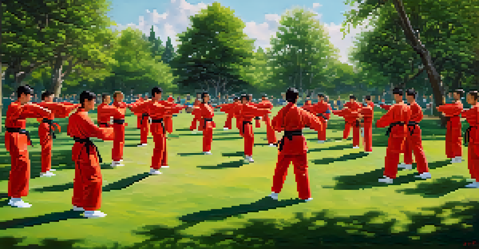 Participants in bright martial arts uniforms practicing partner drills in a sunny park, promoting teamwork and community.