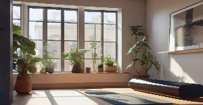 A peaceful training corner in a small apartment with a yoga mat and training gear, illuminated by soft morning light.