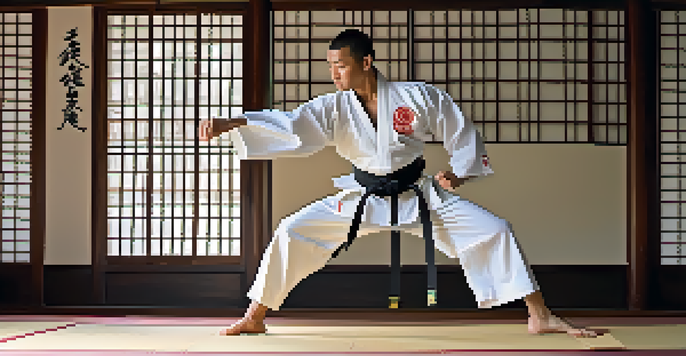 A martial artist in a white gi practicing kata in a tranquil dojo with natural light and calligraphy on the walls.