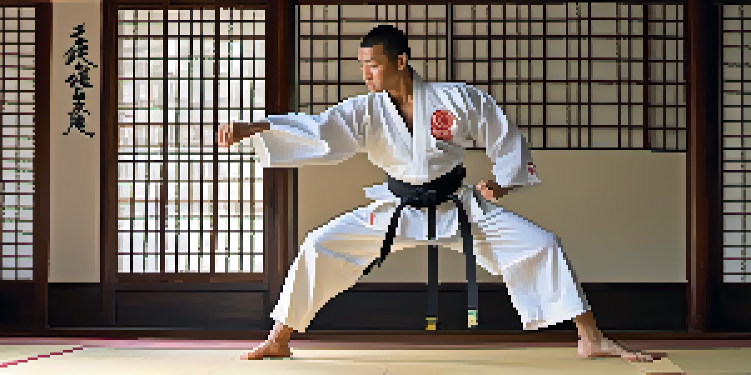 A martial artist in a white gi practicing kata in a tranquil dojo with natural light and calligraphy on the walls.