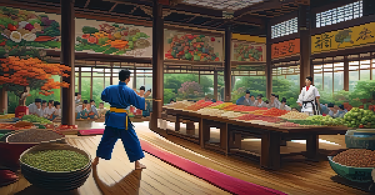A martial artist performing a kick in a dojo, with plant-based foods on a table nearby.