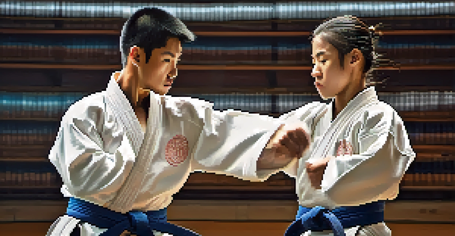 Two martial arts students sparring, showcasing determination and focus with a blurred dojo background.