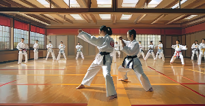 A diverse group of martial arts practitioners in a dojo, practicing a synchronized kata, with a young girl performing a high kick.