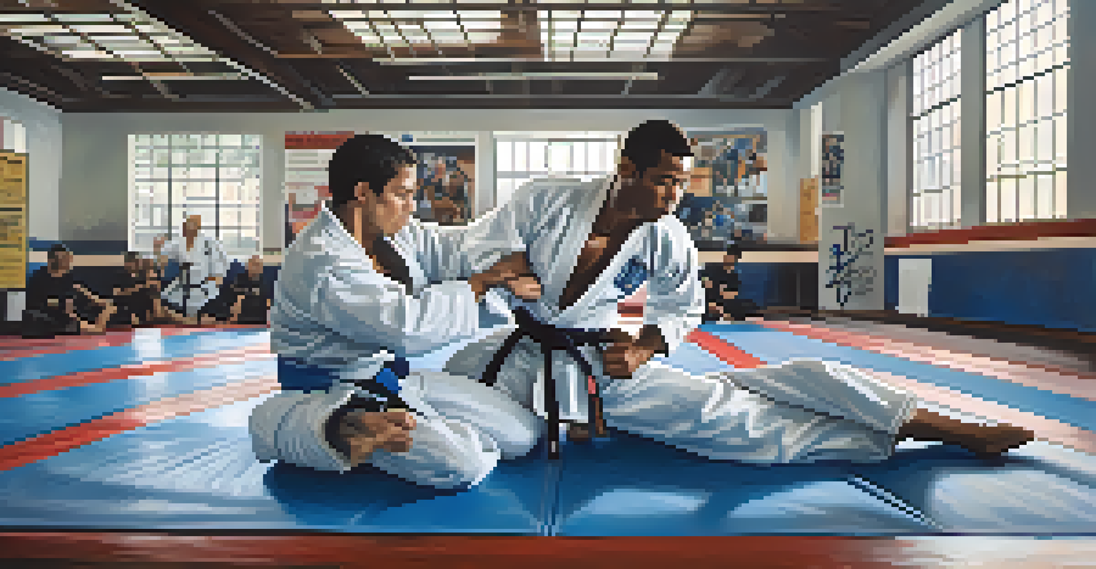 Two Brazilian jiu-jitsu practitioners sparring on a blue mat in a well-lit gym with martial arts posters.