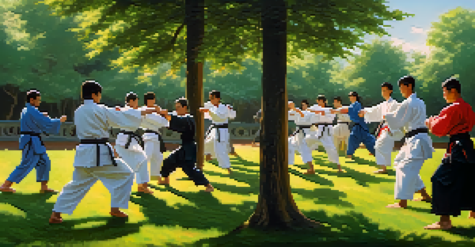 A group of friends practicing martial arts together outdoors in a park, displaying various techniques.