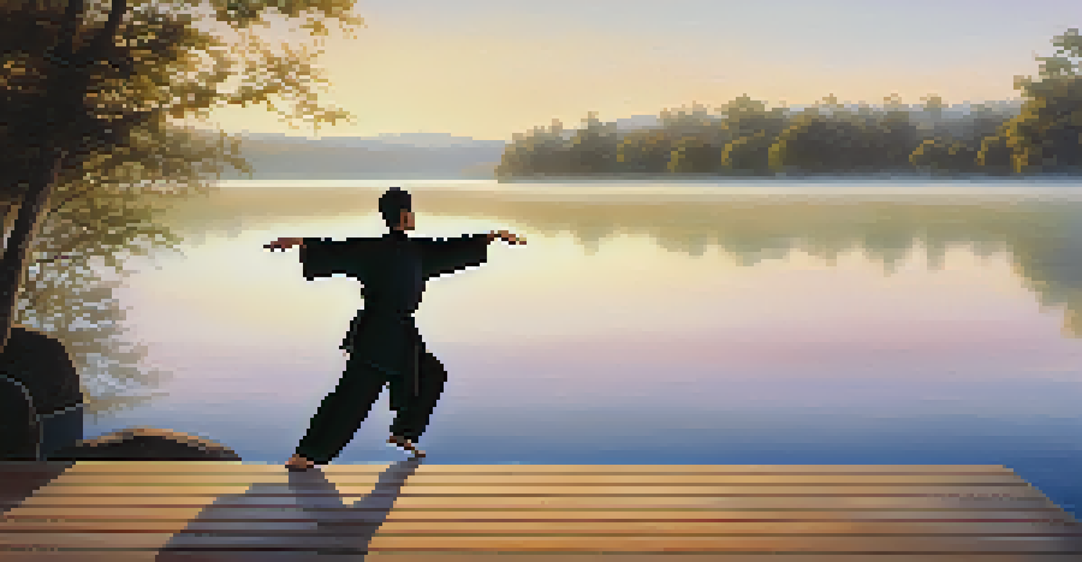 A person practicing tai chi on a deck by a lake at sunrise, with mist and soft colors in the background.