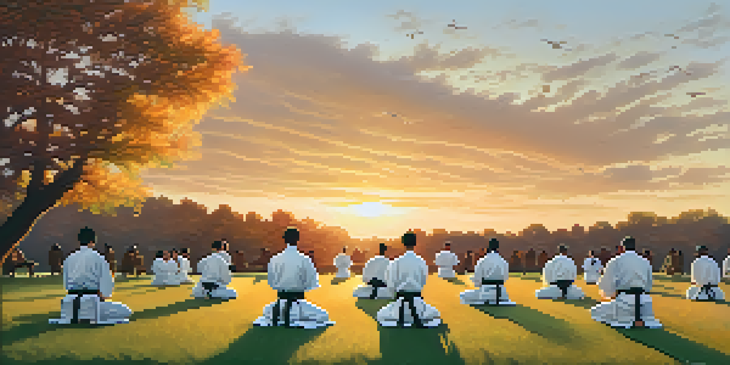 A group of martial artists practicing in a grassy field during sunset, surrounded by trees.
