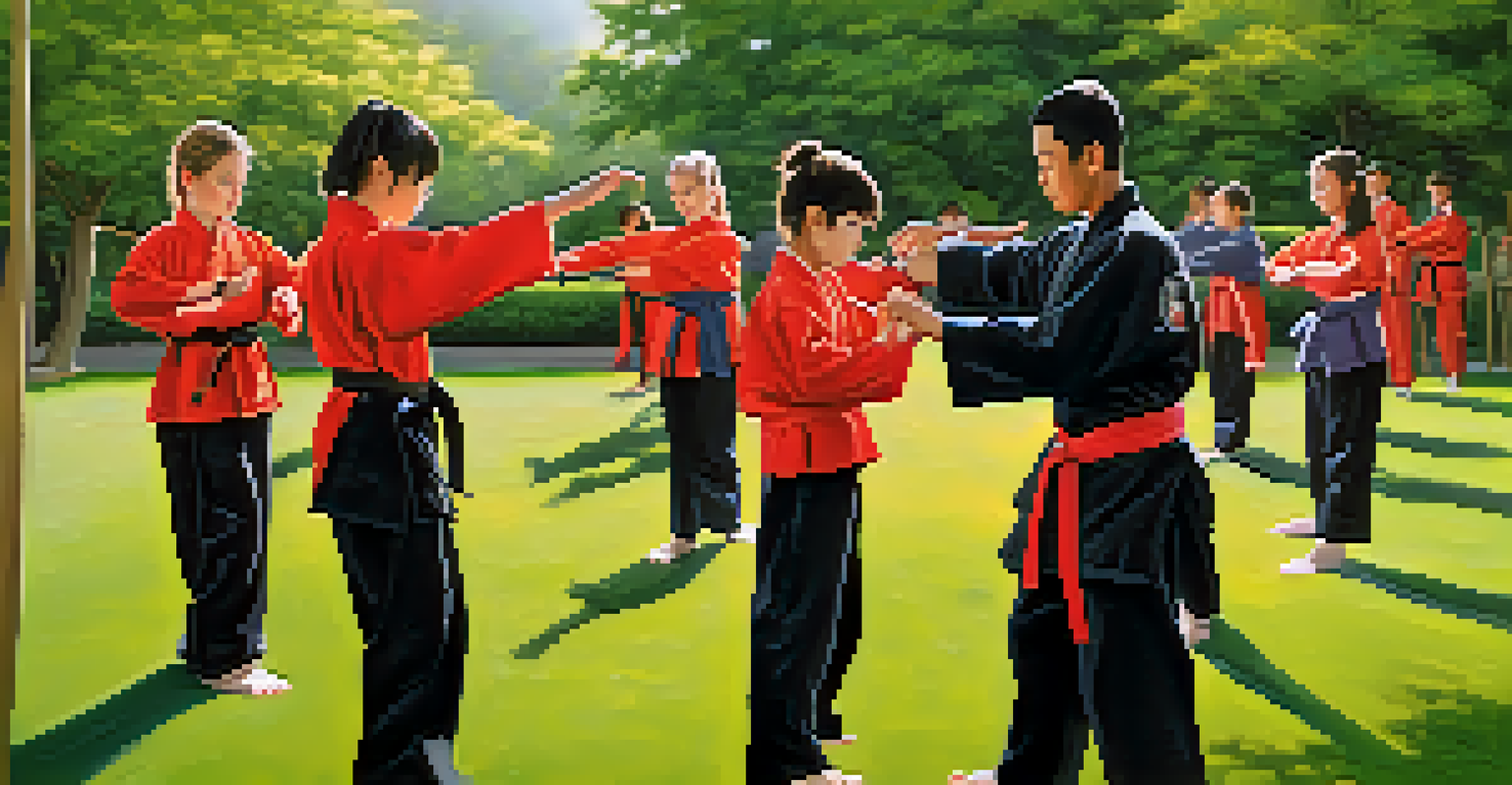 A martial arts instructor teaching self-defense techniques to students in a sunny park setting.