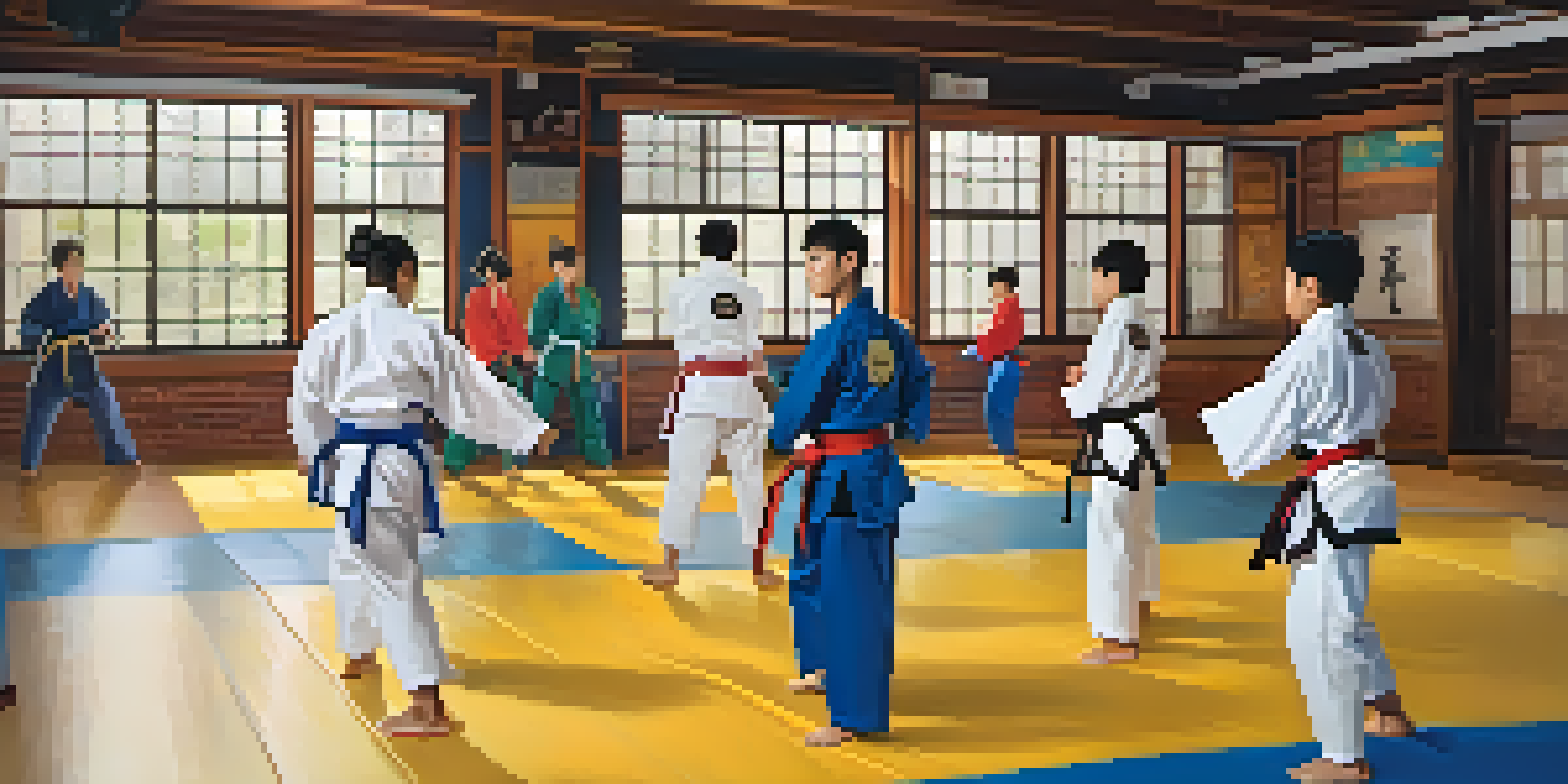 A diverse group of martial artists, including non-binary individuals, training in a bright and welcoming dojo with wooden floors and colorful uniforms.